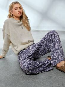 SHEIN EZwear Women's Twig Knit Wide Leg Lounge Pants - Coffee Brown - View 6