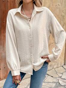 SHEIN Frenchy Women's Solid Color Casual Simple Stylish Shirt, For Everyday Wear, A Must-Have For Autumn And Winter, Lapel Long Sleeve Puff Sleeve Loose Top, Solid Color Cardigan Shirt, Casual And Loose,