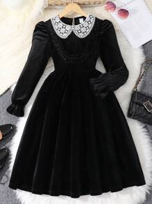 Sparklyn Tween Girl' Velvet Dress, Black With Embroidered Collar, Elegant & Fashionable Party Wear, Autumn/Winter, Cute Color-Block Collar Applique,Holiday,Summer,Travel - Black - View 3
