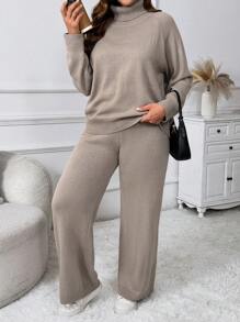 SHEIN LUNE Conjunto de suéter de cuello alto y pantalones de unicolor talla grande, atuendo casual para otoño/invierno