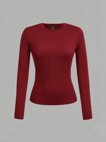 SHEIN EZwear Set de 3 camisetas de manga larga y cuello redondo ajustadas de estilo informal para mujer, para primavera/otoño - Multicolor - Ver 11