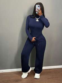 Slaydiva 2st Kvinnor Casual Enfärgad Enkel Mode Vardagsoutfit 2 Delar Casual Set - Marinblå - Visa 6