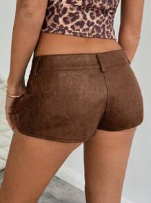 Aloruh Women's Sexy Vintage Pattern PU Leather Ultra-Short Mini Shorts - Coffee Brown - View 2
