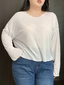 Dazy Plus Loose Round Neck Semi-Sheer Cropped Top For Women, White, Spring/Summer