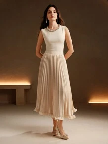 Anewsta Elegant Commuting Apricot Color Pleated Woven Ruffle Hem Skirt For Women Maxi - Apricot - View 4