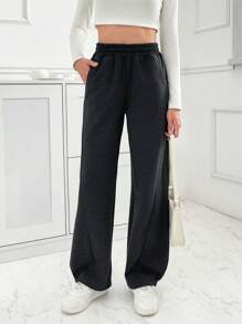 EURMUSE Wide Leg Elastic Waist Track Pants, Seam Design, Fall Clothes - Dark Grey - View 5
