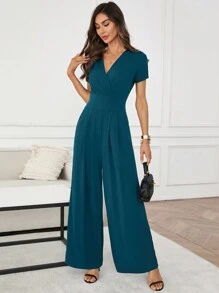 Ellevyn Salopetă elegantă cu mânecă scurtă de culoare solidă pentru femei