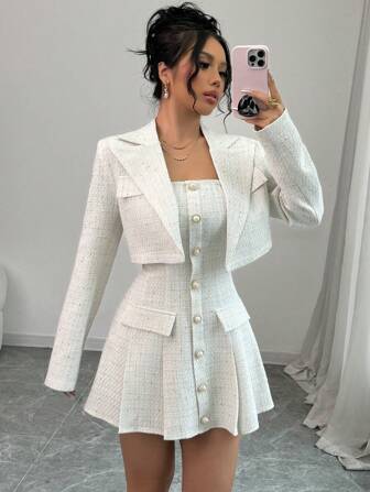 SHEIN Tall 2 件套礼服套装 - 无袖紧身连衣裙 + 短款西装外套，优雅女士高端风格套装