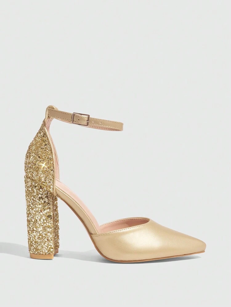 CUCCOO SZL Women's Fashionable Gold Glitter Thick Heel Pointed Toe Ankle Strap Pumps For Commute, Date, Party, Wedding, Holiday Spring Shoes Spring Break Easter Prom Heels For Christmas Spring Shoes