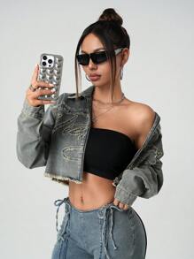 女式 Y2k 服装复古前拉链长袖流苏下摆休闲牛仔冬秋夹克，适合日常穿着 - 淺色水洗藍 - 查看 5