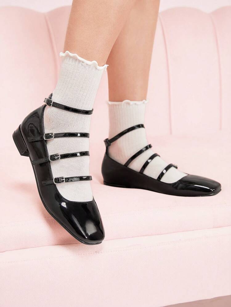 CUCCOO DOLLMOD Women's Black Multi-Strap Low Heel Square Toe Mary Jane Flats, Suitable For Commuting, Dating, Gathering, Strolling, And Parties Valentine's Day