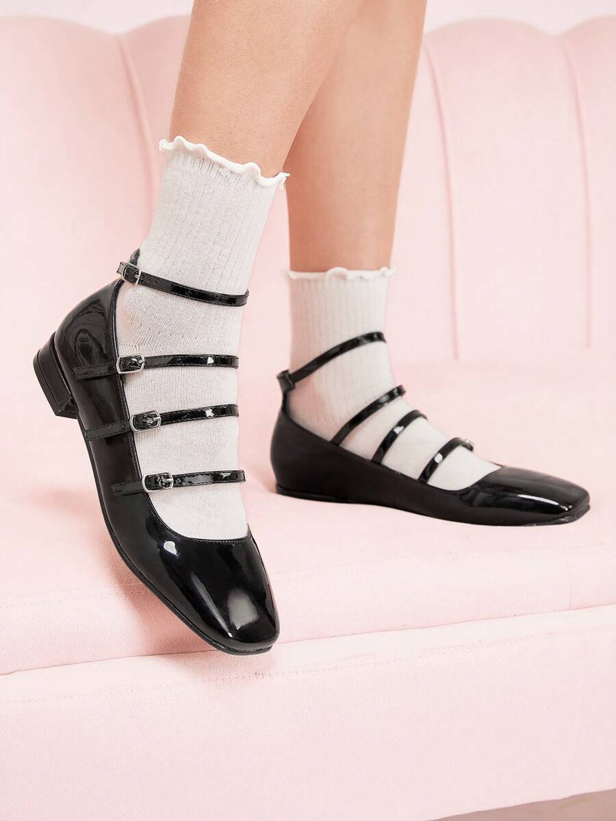 CUCCOO DOLLMOD Women's Black Multi-Strap Low Heel Square Toe Mary Jane Flats, Suitable For Commuting, Dating, Gathering, Strolling, And Parties Valentine's Day - Black - View 1