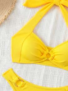 SHEIN Swim Bộ bikini cổ yếm trang trí vòng tròn màu trơn bãi biển mùa hè - Màu vàng - Xem 5
