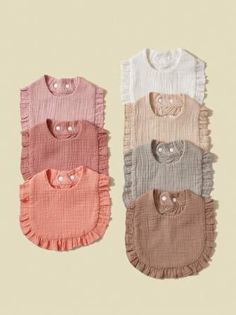 7pcs/Set Baby Bibs With Lace Trim, Pure Cotton Soft Fabric, Solid Colors In Pink Tones