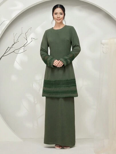 Graceveil Baju Kurung Solid Color Stand Collar Tied Loose Simple Fashion Casual Daily Clothes Modest