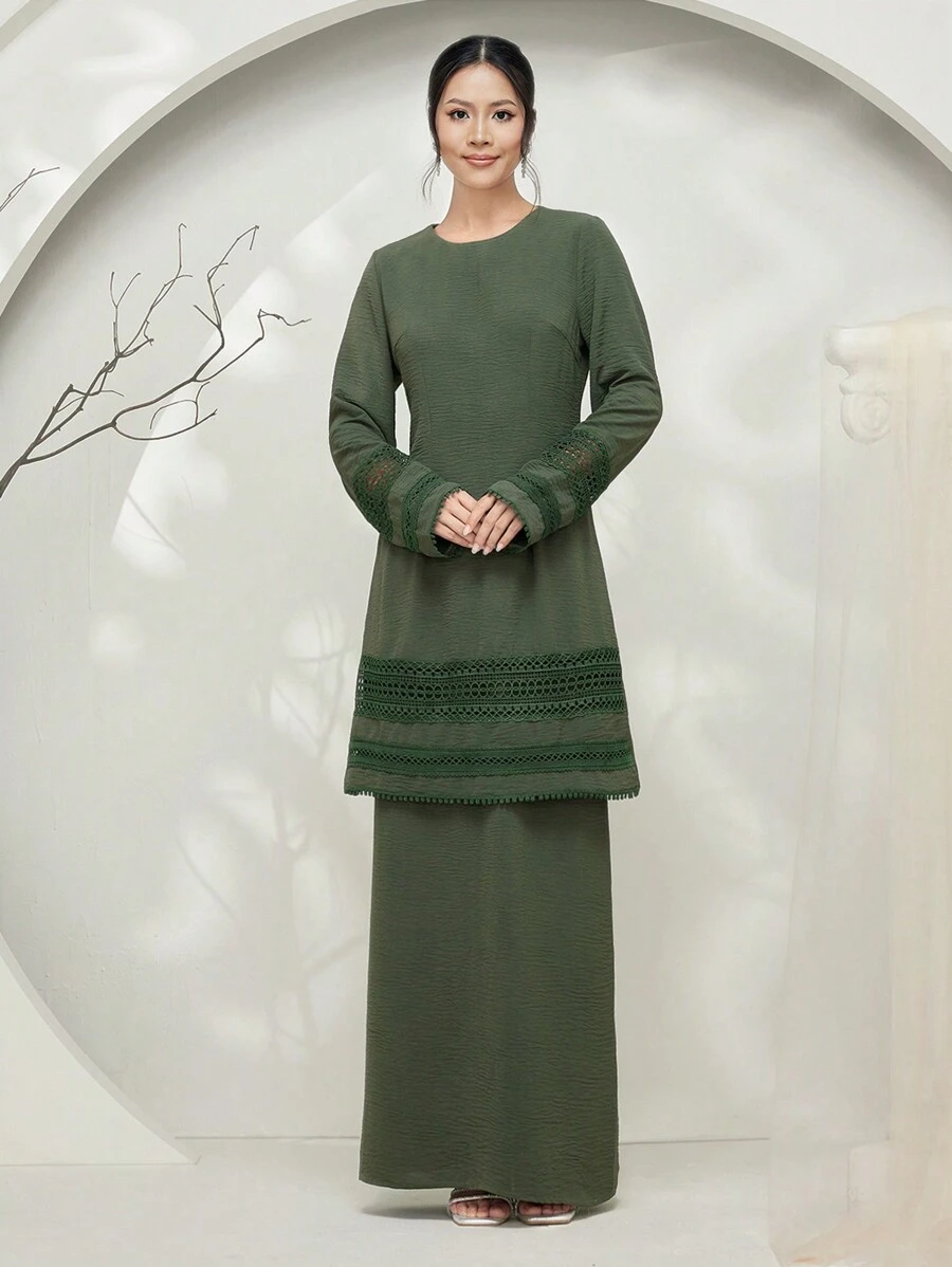 Graceveil Baju Kurung 纯色立领系带宽松简约时尚休闲日常服装适中 - 橄欖綠 - 查看 1