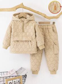 SHEIN 年轻女孩冬季绗缝连帽套头衫和裤子 2 件套，百搭 - 卡其色 - 查看 1