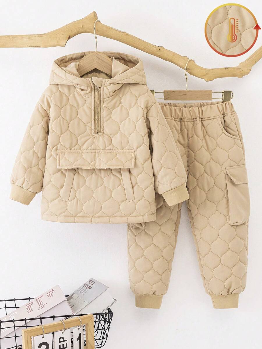 SHEIN 年轻女孩冬季绗缝连帽套头衫和裤子 2 件套,百搭 - 卡其色 - 查看 1