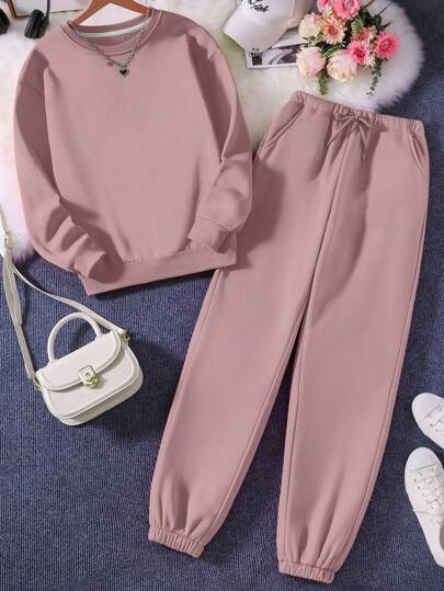 INAWLY 女士纯色圆领长袖宽松运动衫和松紧袖口运动裤休闲套装，秋冬