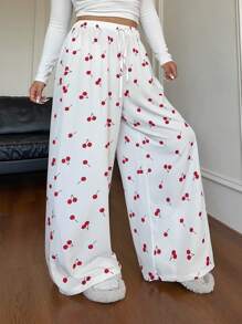POPSWAY Pantalones rectos de talle con cordón y estampado de cerezas para mujer talla grande