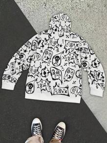 Manfinity EMRG Áo nỉ trùm đầu dài tay in hình đầu lâu cỡ lớn cho nam, thường ngày cho mùa thu, quà tặng cho bạn bè, chồng, bạn trai - trắng - Xem 5