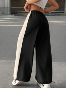 SHEIN PETITE Quần ống rộng dệt kim tương phản thời trang đường phố dành cho nữ - màu đen - Xem 2