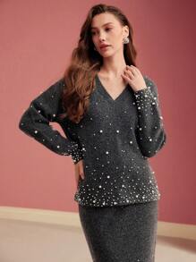 MOTF PREMIUM FAUX PEARL BEADED V NECK SWEATER - Grey - View 6
