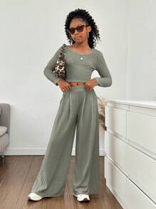 SHEIN Leap Crew Tween Girl Ribbed U-Neck Long Sleeve T-Shirt & Loose Wide-Leg Pants 2Pcs Set - Mint Green - View 1