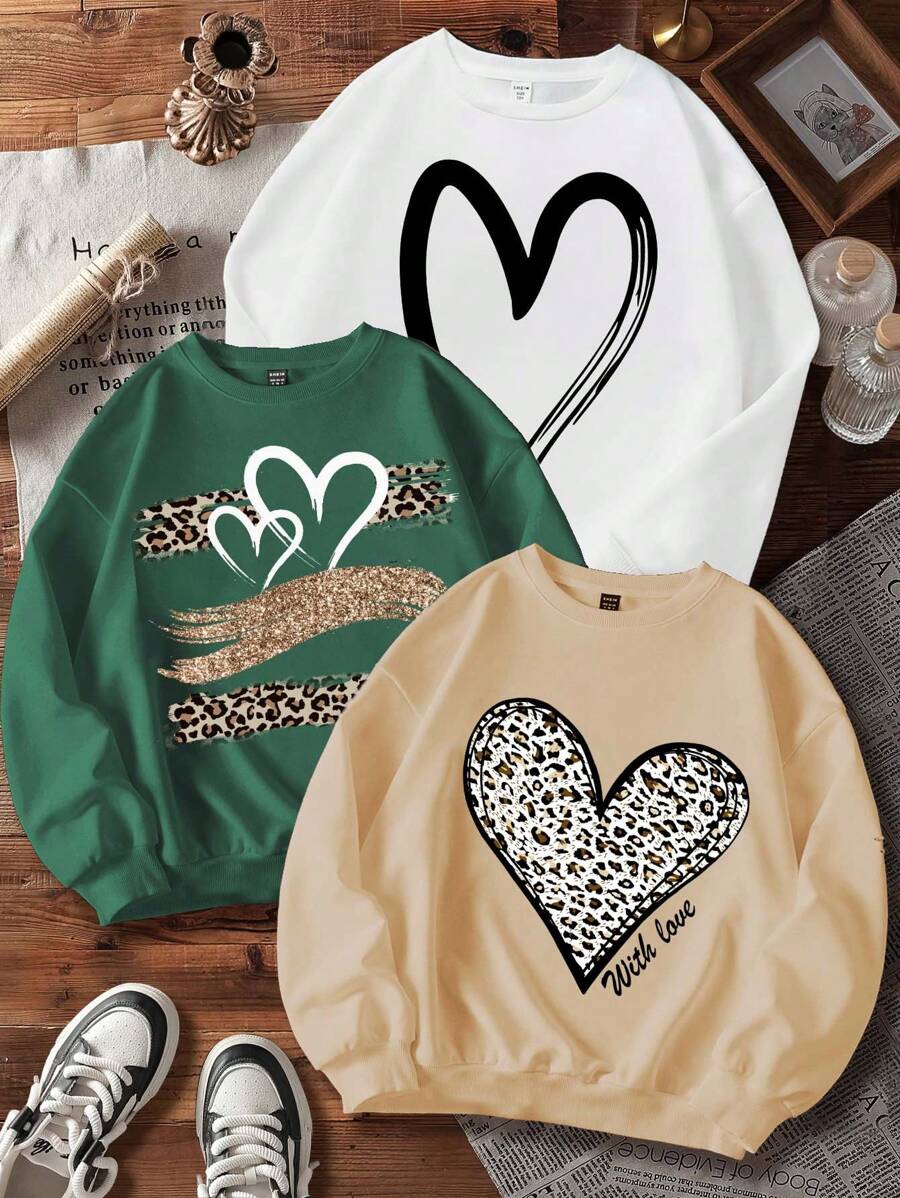 SHEIN 3pcs Pack Tween Girls' Casual Minimalist Thick Thermal Lined Loose Fit Crew Neck Long Sleeve Hoodies,Suitable For Autumn/Winter - Multicolor - View 1