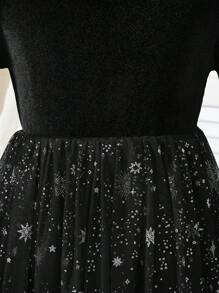 Vestido de fiesta de princesa con mangas de farol de malla y estampado de estrellas de terciopelo para niña preadolescente