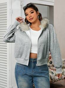 CovetEZ Plus Size Cropped Fitted Gray Sweatshirt With Fur Collar Graduation, Back To School Outfits, Graduation, Teacher Outfits For Women, Back To School - Grey - View 4