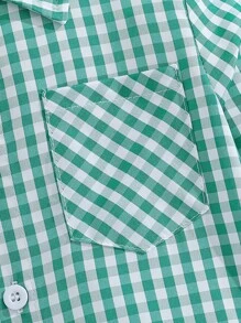 年轻男孩休闲黑白格子长袖口袋衬衫，春秋 - 綠色 - 查看 8