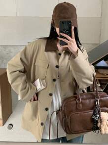 DAZY Women's Polo Collar Contrast Color Trench Coat, Solid Color Women Jacket,Fall Women Clothes - Khaki - View 1