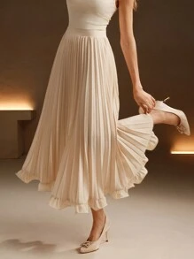 Anewsta Elegant Commuting Apricot Color Pleated Woven Ruffle Hem Skirt For Women Maxi - Apricot - View 3