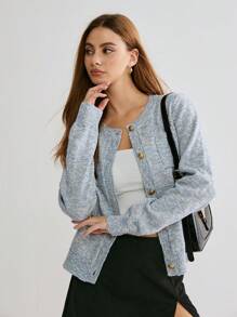 Enchnt Áo len cardigan dài tay đơn sắc cài nút phía trước dành cho nữ - Màu xanh lam - Xem 5