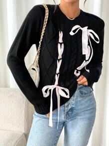 SHEIN Unity Cable Knit Twisted Long Sleeve Tie Front Sweater Knit Pullover Fall Winter - Black - View 5