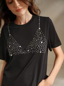 Anewsta Women's Glamorous Rhinestone Embellished Crew Neck Short Sleeve T-Shirt