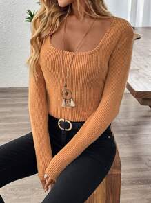 EMERY ROSE Women's Solid Color Long Sleeve Minimalist Casual Top, Everyday Wear - Rust Brown - View 6