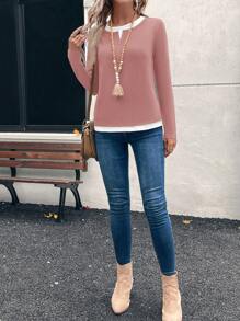 EMERY ROSE 女士休闲拼色长袖宽松二合一 T 恤，秋季