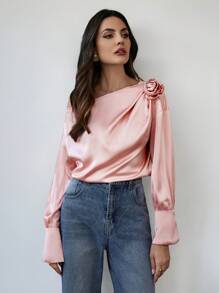 Firerie Women's Irregularity Collar Solid Color Pleated 3D Flower Long Sleeve Elegant Blouse - Dusty Pink - View 5