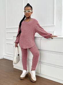 SHEIN Tween 女童休闲针织蓬松罗纹圆领宽松落肩不对称下摆上衣和修身打底裤 2 件套 - 藕粉色 - 查看 4