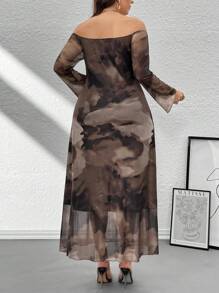 SHEIN Privé Plus Size Elegant Tie Dye Gradient Print Open Shoulder Dress, Autumn/Winter