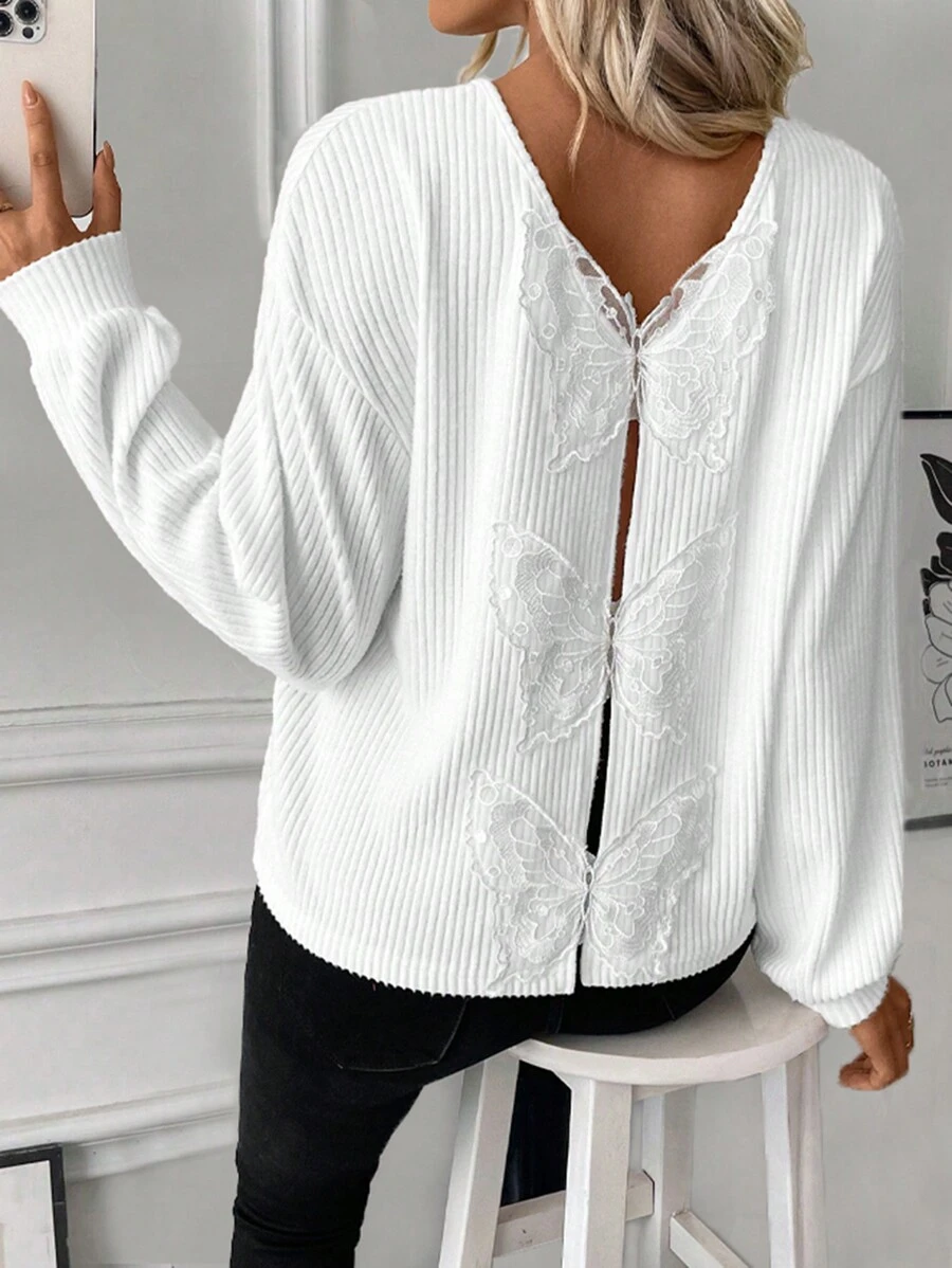 SHEIN LUNE Damska koronkowa koszulka z nadrukiem motyli, luźna, z okrągłym dekoltem, do noszenia na co dzień