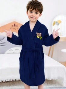 SHEIN Young Boy Classic Bear Embroidered Navy Blue Mink Velvet Flannel Comfortable Robe, Fall/Winter - Royal Blue - View 2