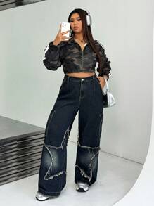SHEIN EZwear Plus Size Star Printed Relaxed Fit Straight Leg Jeans - Blue - View 4