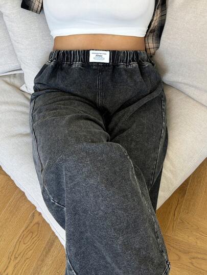 SHEIN ICON 大码休闲宽松腰部松紧腰带阔腿男友牛仔裤，黑色