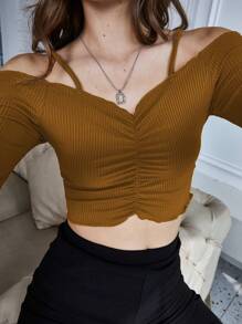 INAWLY Women's Tight-Fitting Off-Shoulder Strap Short Long Sleeve T-Shirt - Brown - View 3