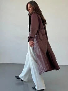 Aloruh Wine Red PU Leather Modern Street Style Long Women's Regular Jacket, Autumn/Winter