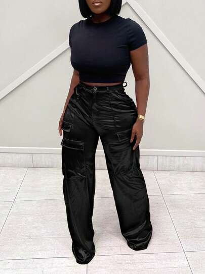Pantalones casuales de mujer con bolsillos tipo cargo, de estilo minimalista y elásticos