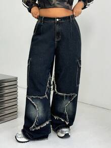 SHEIN EZwear Plus Size Star Printed Relaxed Fit Straight Leg Jeans - Blue - View 5